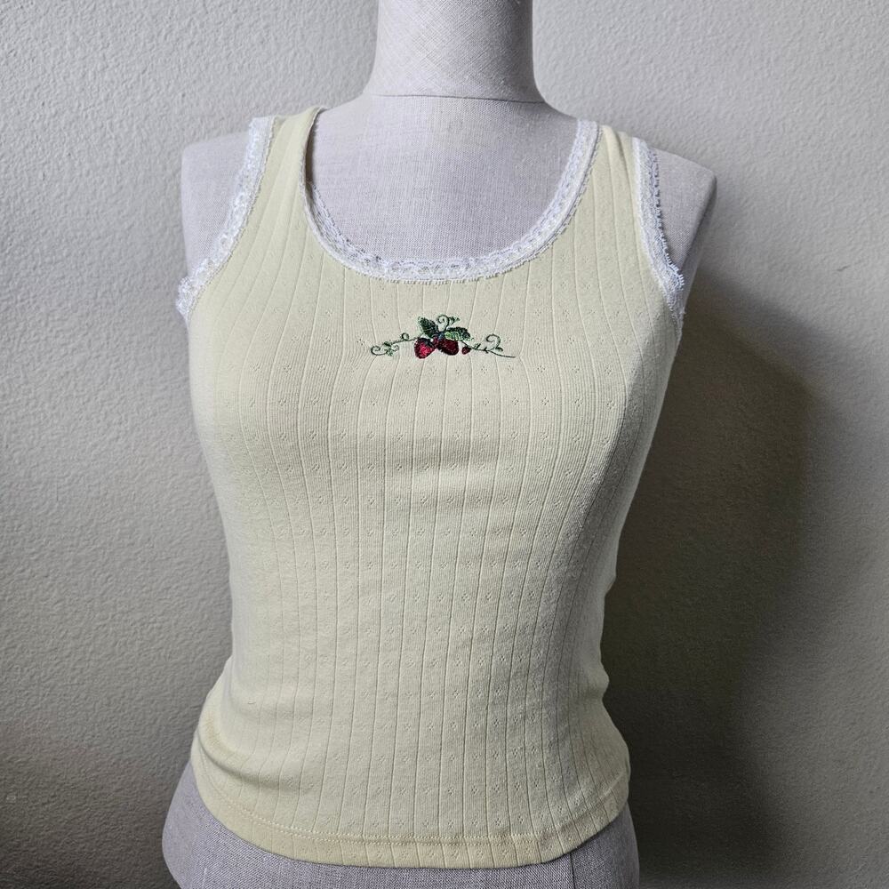 Just Polly Unisex Juniors' Strawberry Embroidered Lace-Trim Tank Top Small